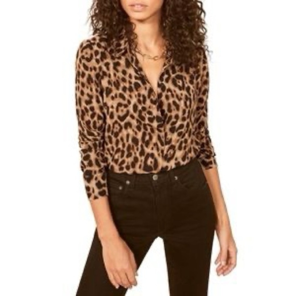 REFORMATION Violet Leopard Print Button Down Top … - image 1